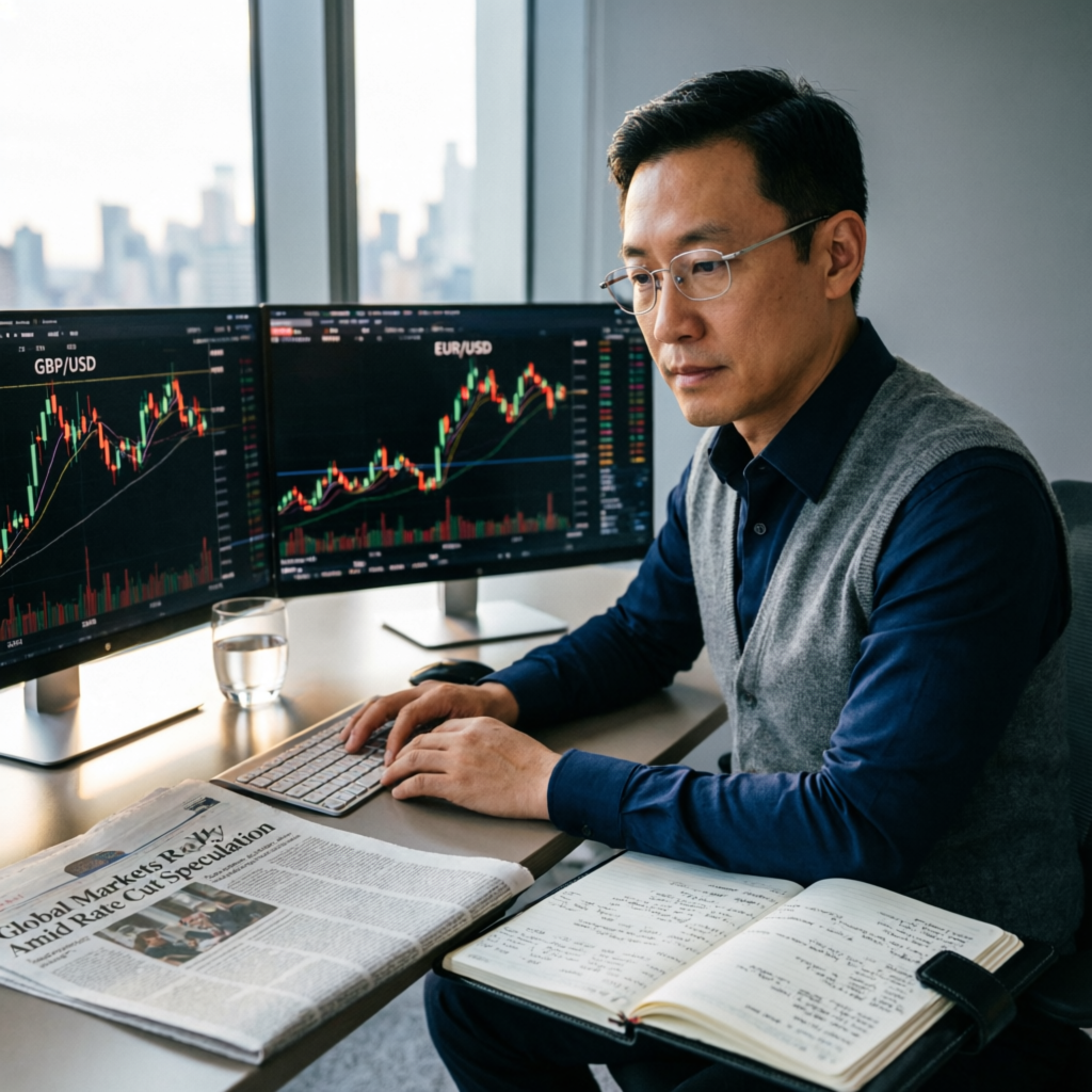 Professional forex trader analyzing GBP/USD and EUR/USD charts with financial newspaper and trading journal