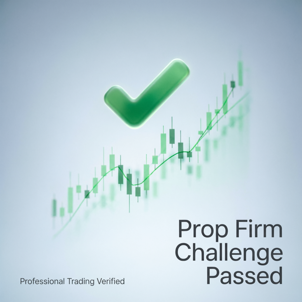 Prop firm challenge passed success with green checkmark and candlestick chart background