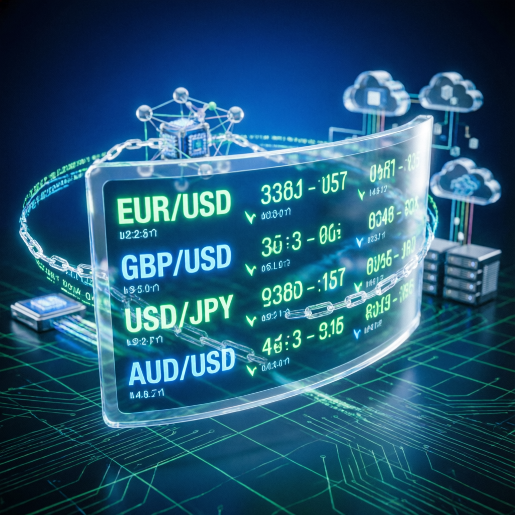 Automated forex trading robots system with EUR/USD and GBP/USD digital display showing algorithmic trading