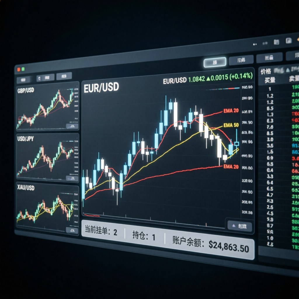 Forex trading platform interface showing EUR/USD pair on MetaTrader 5 with multiple currency charts