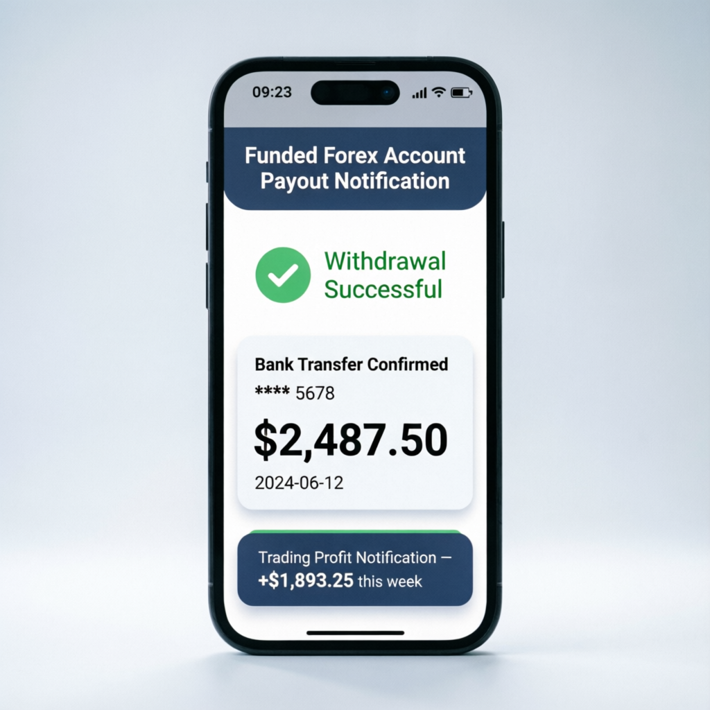 Funded forex account payout notification on smartphone showing successful withdrawal of $2,487.50