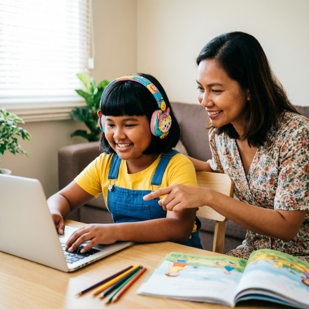 Mother guiding a happy child using a laptop at home