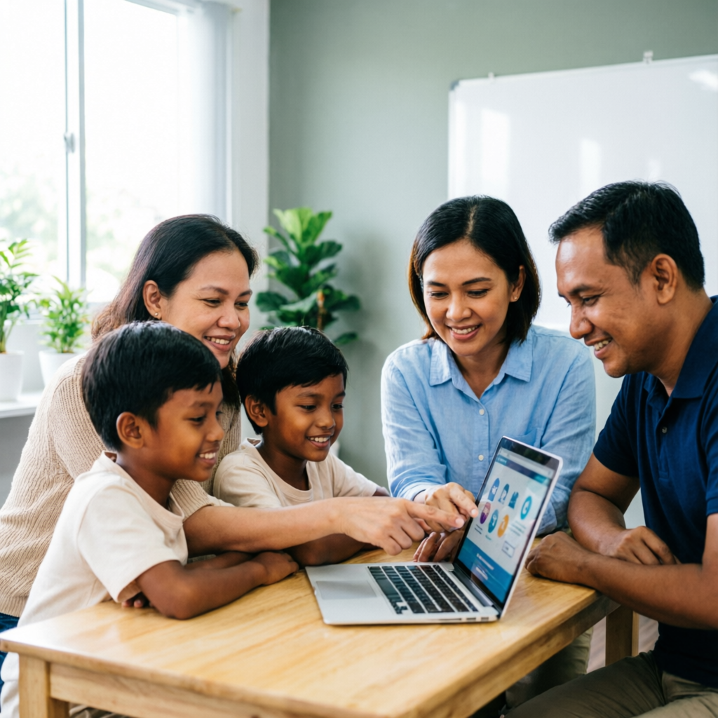 Teacher and parents guiding children using a laptop