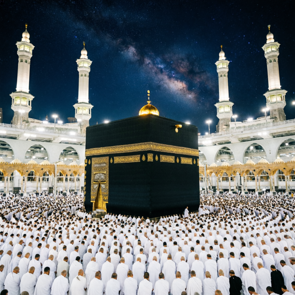 The Holy Kaaba at night surrounded by pilgrims