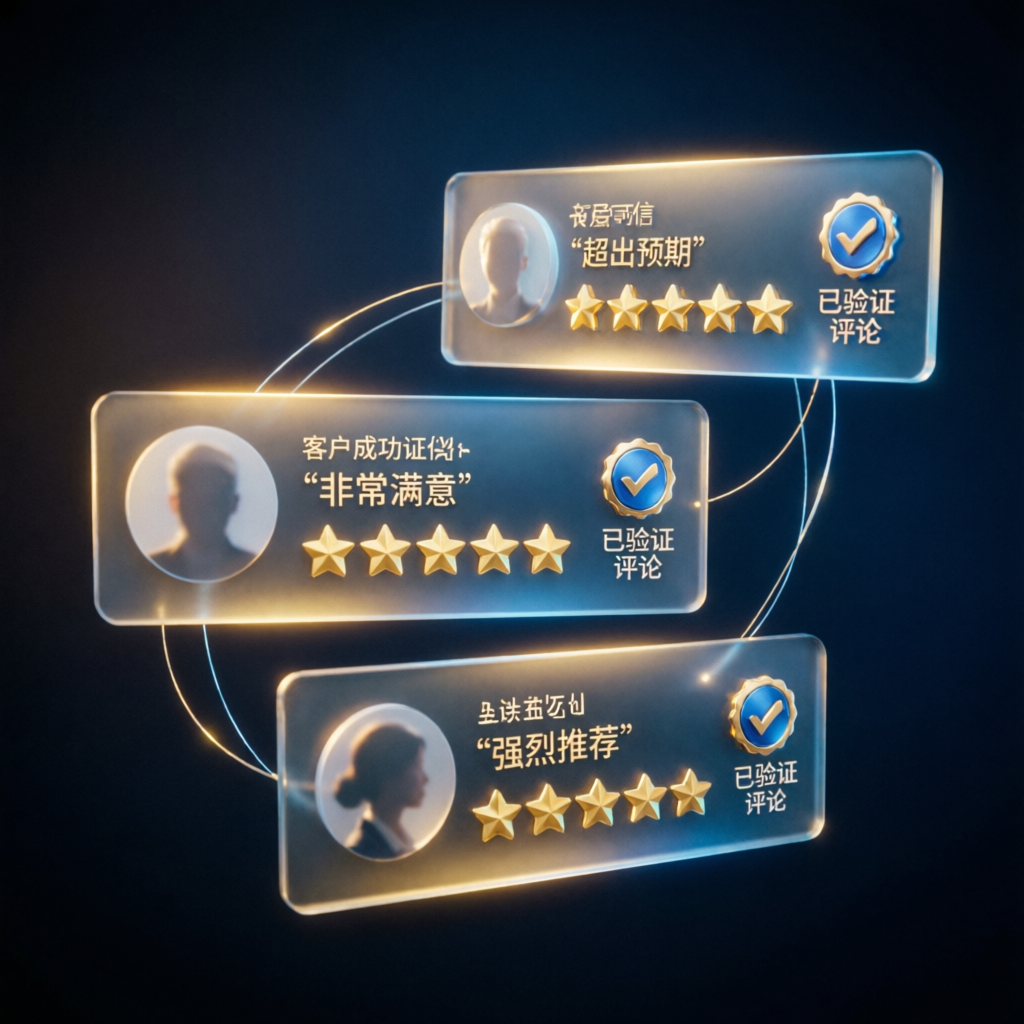 Client success testimonials with 5-star ratings and verified reviews