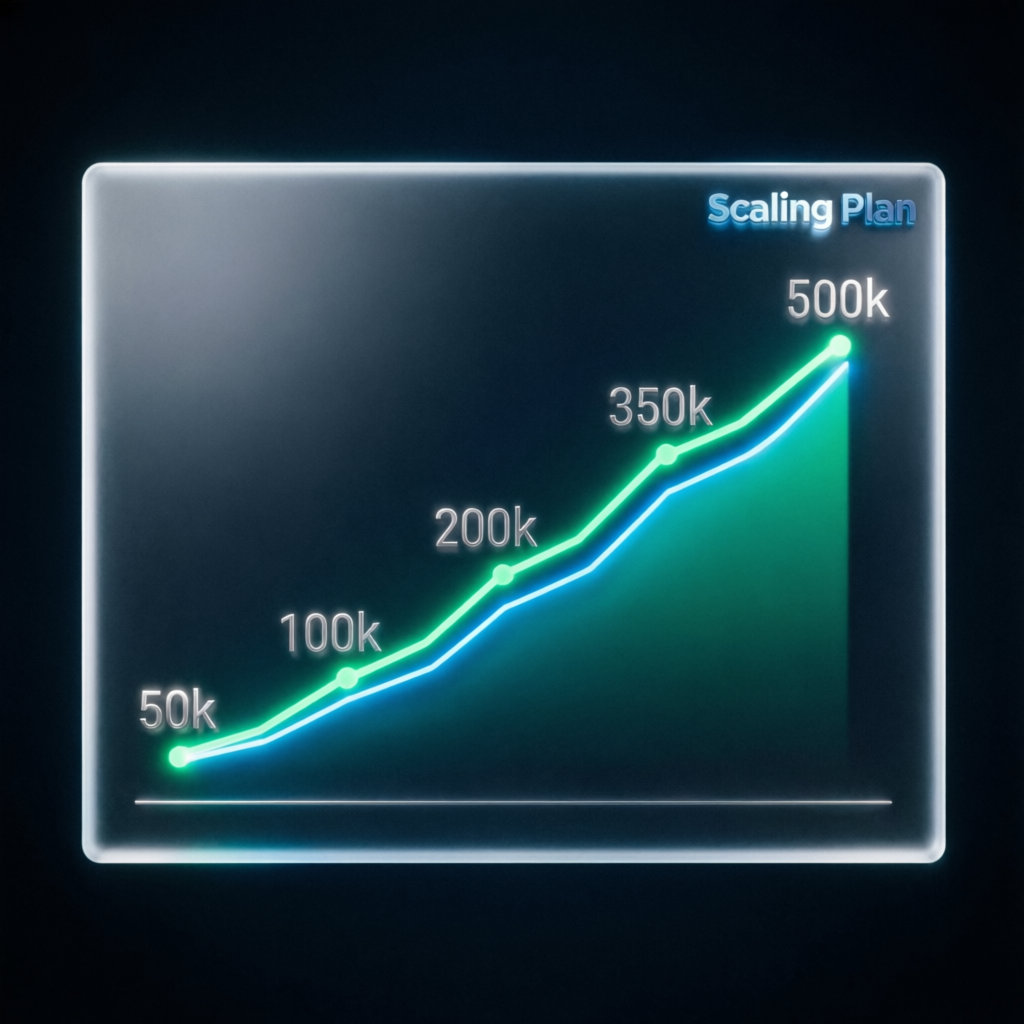 Scaling plan growth chart showing account progression from 50k to 500k