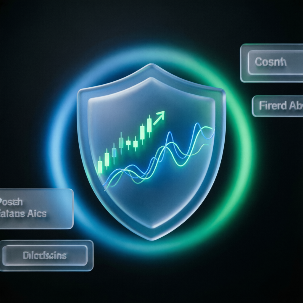 Risk management shield protecting trading charts