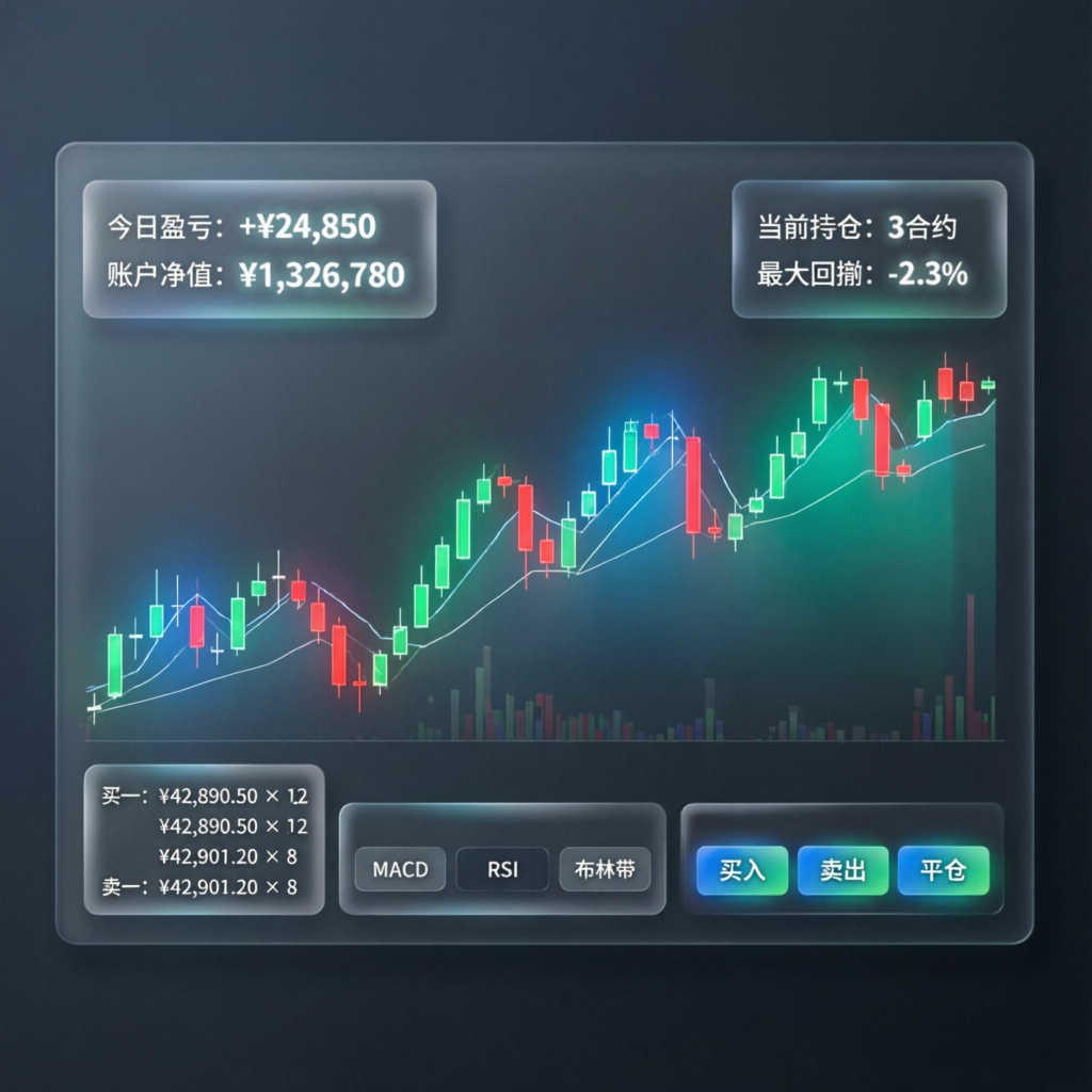 Modern trading dashboard interface showing futures trading charts with profit indicators