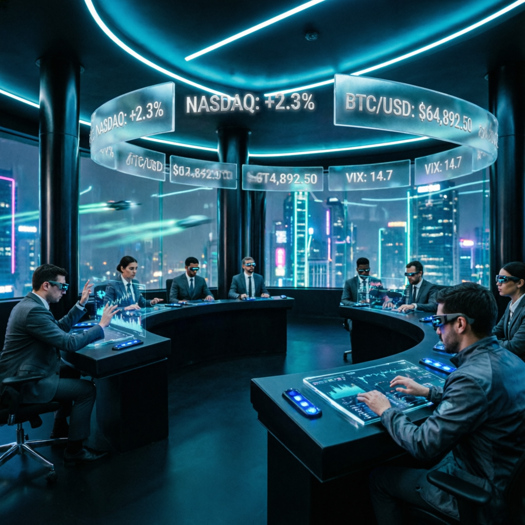 Professional trading floor with holographic displays showing market data
