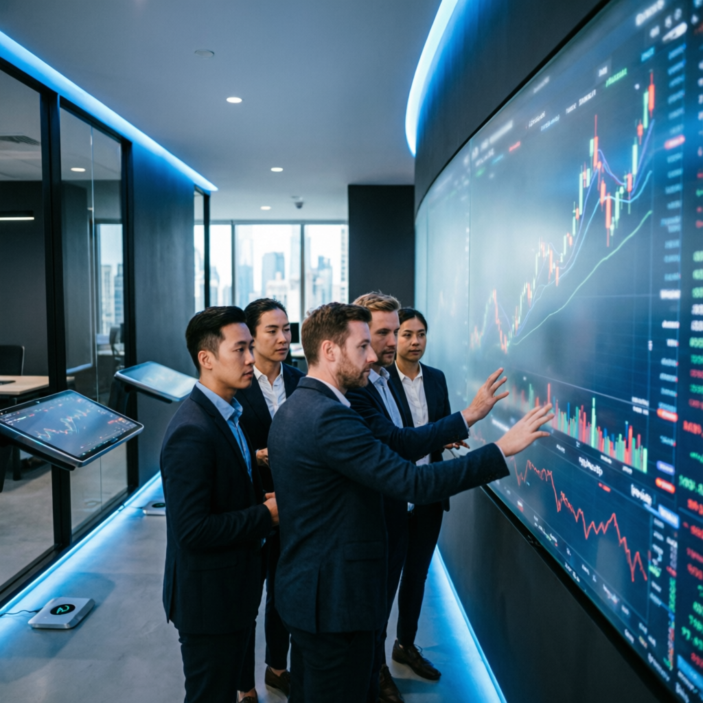Professional team of forex traders collaborating on trading strategies