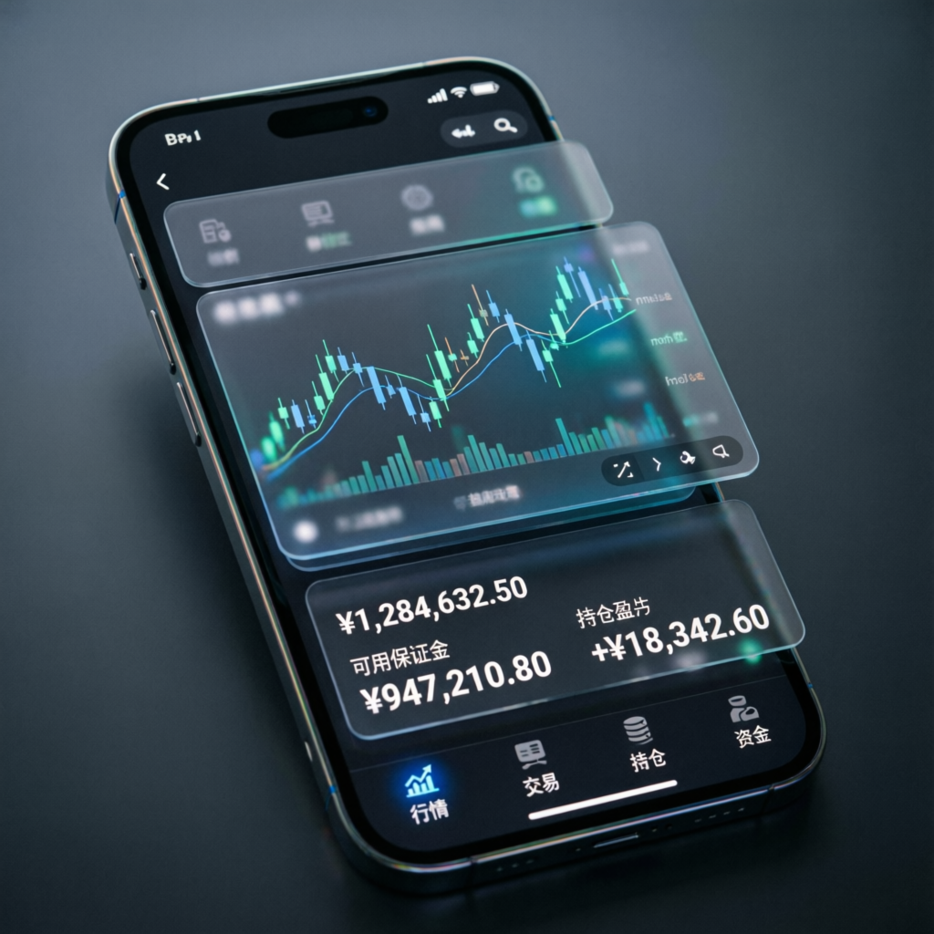 Mobile trading app interface on smartphone showing futures trading charts