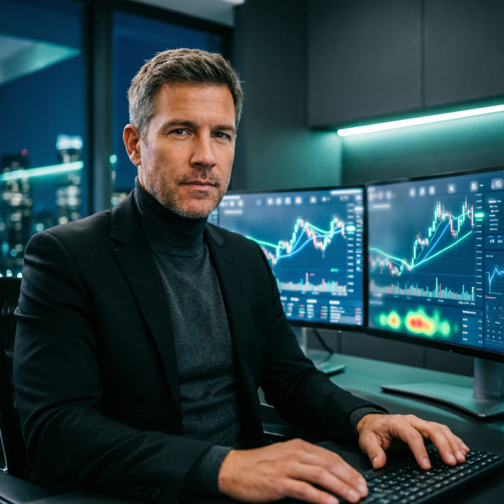 Professional forex trader analyzing financial charts on multiple monitors