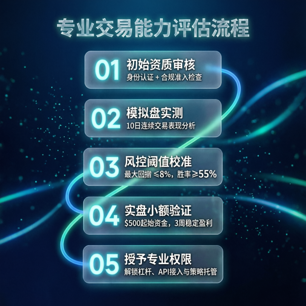 Professional evaluation process diagram showing step-by-step trading challenge progression