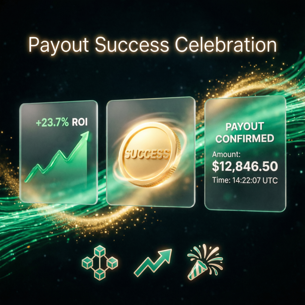 Payout success celebration with profit charts and confirmed payment