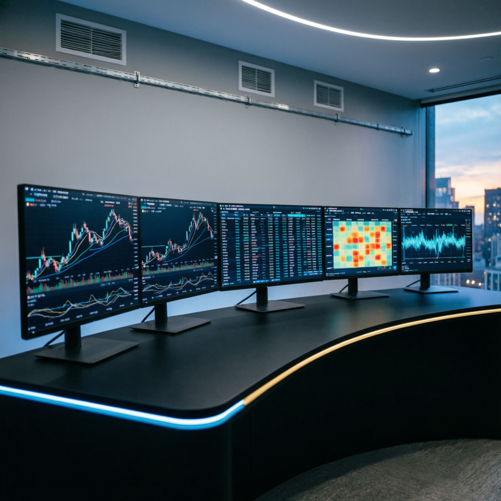 Professional futures trading desk with multiple monitors