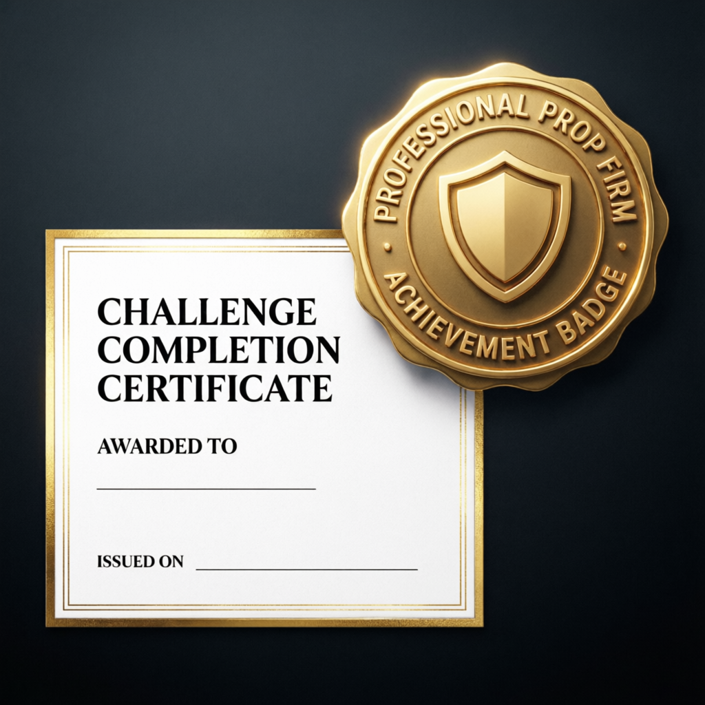 Professional prop firm challenge completion certificate and achievement badge