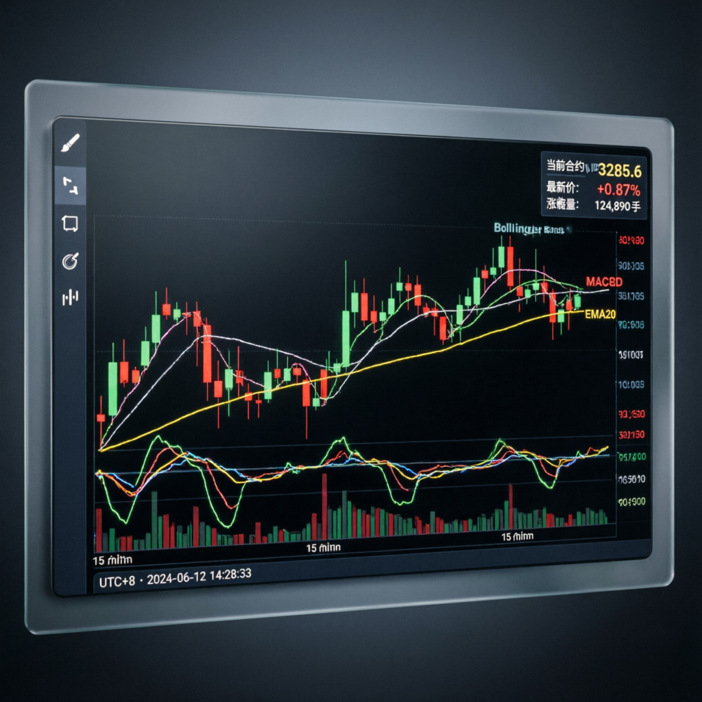 Futures trading chart with technical analysis indicators
