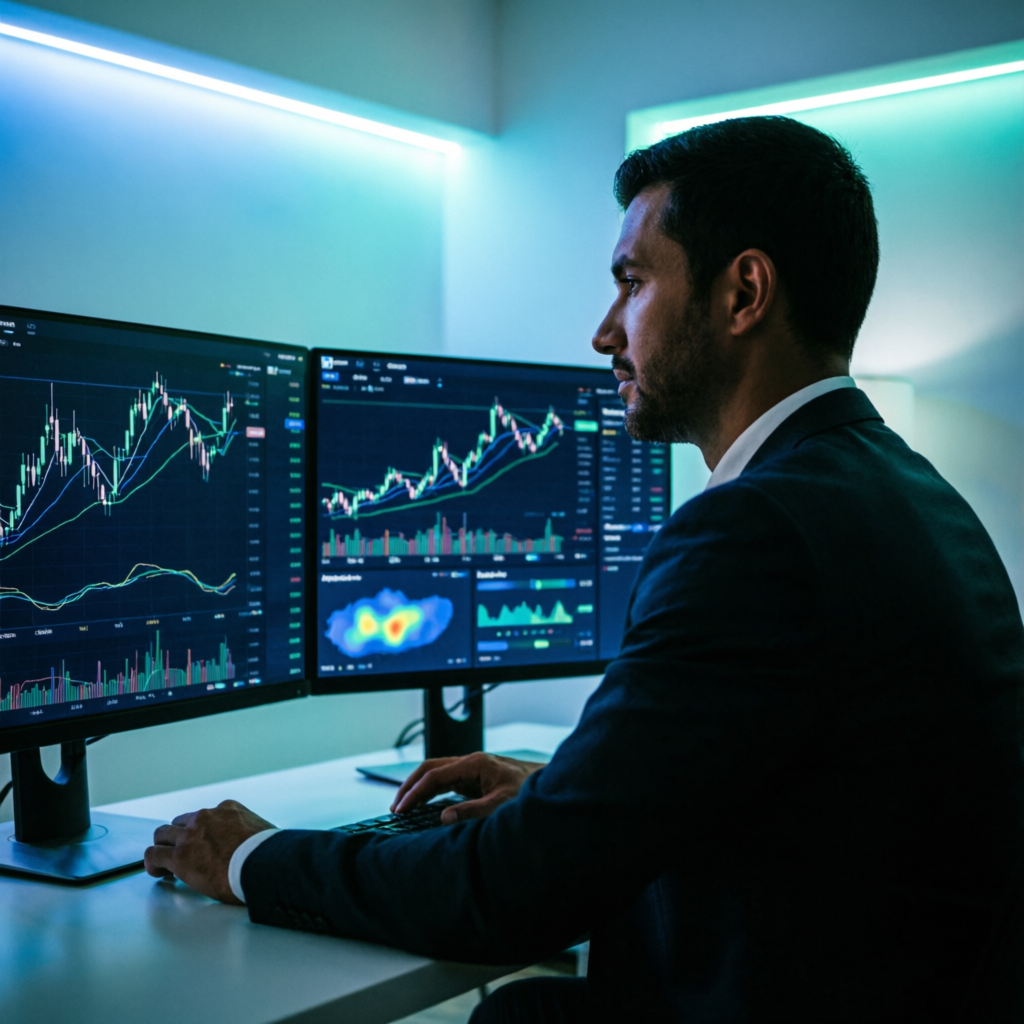 Professional trader analyzing futures charts on dual monitors