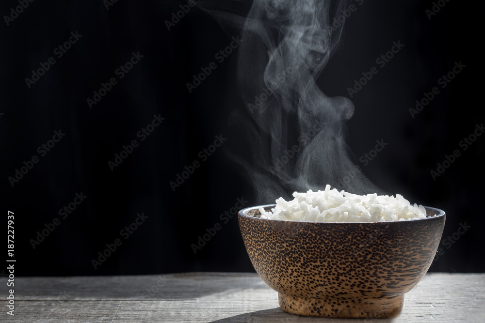 Steaming hot perfectly cooked rice in bowl