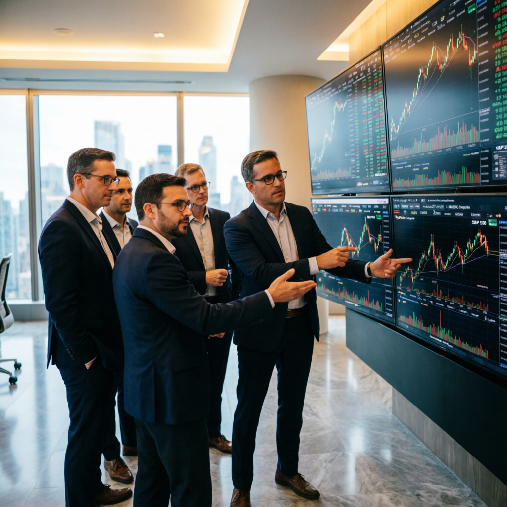 Professional trading team analyzing prop firm strategies
