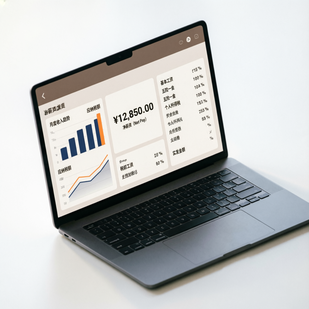 Modern paycheck calculator dashboard displaying financial charts, net pay, and tax deductions on a laptop screen