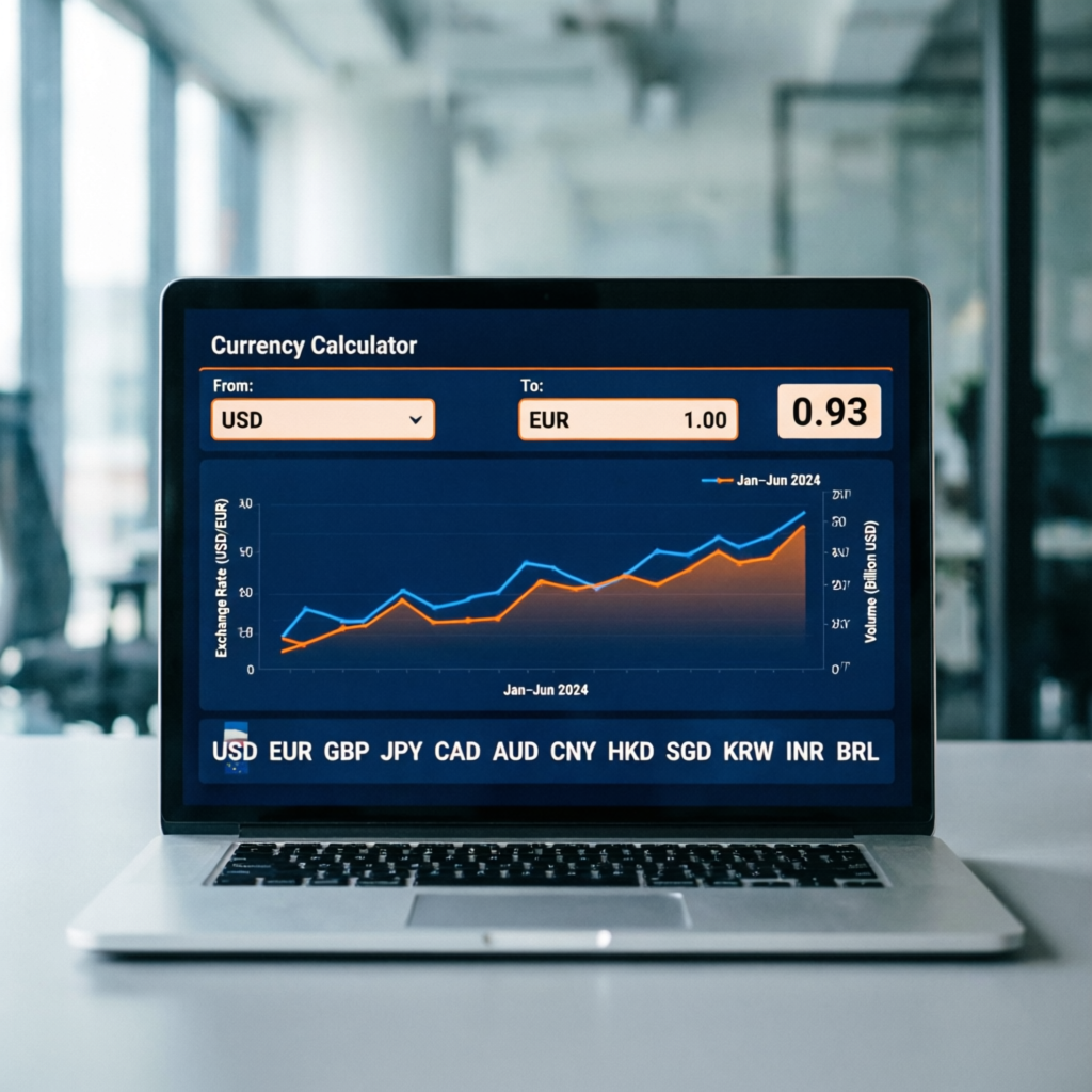 Modern currency calculator dashboard displaying financial charts, exchange rate analytics, and global currency symbols on a sleek laptop screen