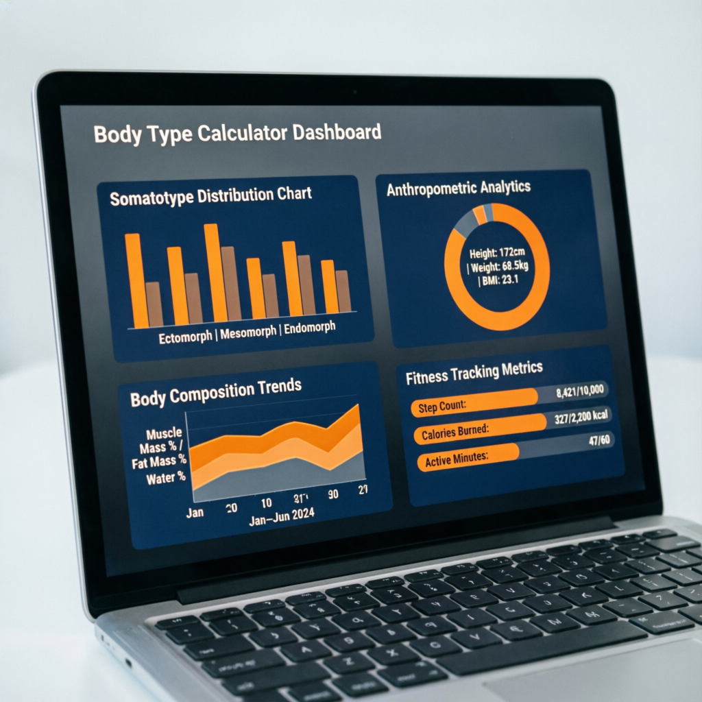 Modern body type calculator dashboard displaying somatotype charts, anthropometric analytics, body composition trends, and fitness tracking metrics on a laptop screen