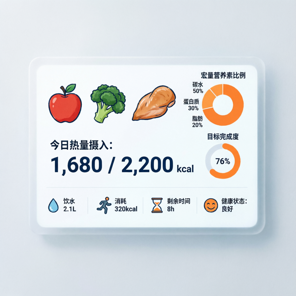 Modern calorie intake calculator dashboard displaying nutritional tracking, macro pie charts, and food icons in a clean digital interface