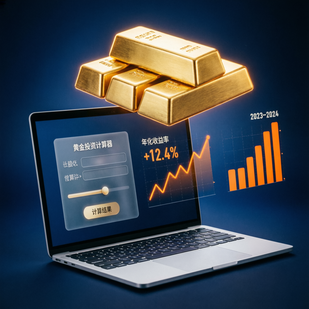 Modern gold investment calculator dashboard displaying financial charts, glowing gold bars, and precious metals growth analytics on a laptop screen