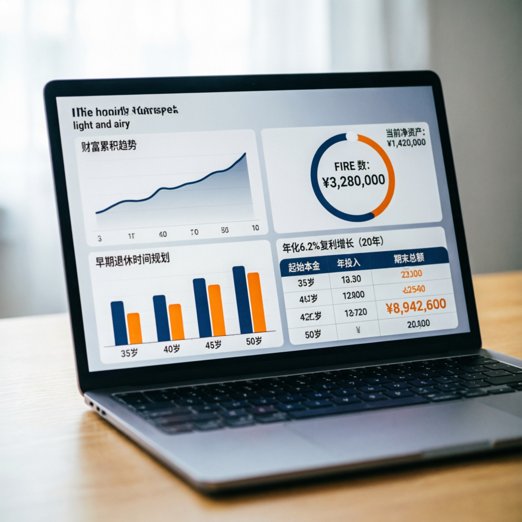 Modern financial independence calculator dashboard displaying wealth accumulation charts, FIRE number analytics, early retirement planning graphs, and compound interest growth on a sleek laptop screen