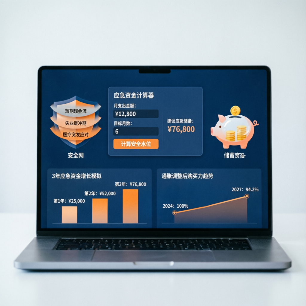 Modern emergency fund calculator dashboard displaying financial charts, safety net concepts, and liquidity analytics on a laptop screen