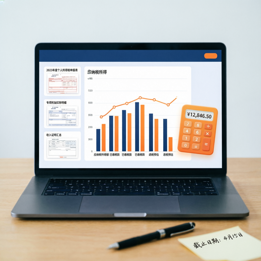 Modern easy tax calculator dashboard displaying financial charts and tax documents on a laptop screen