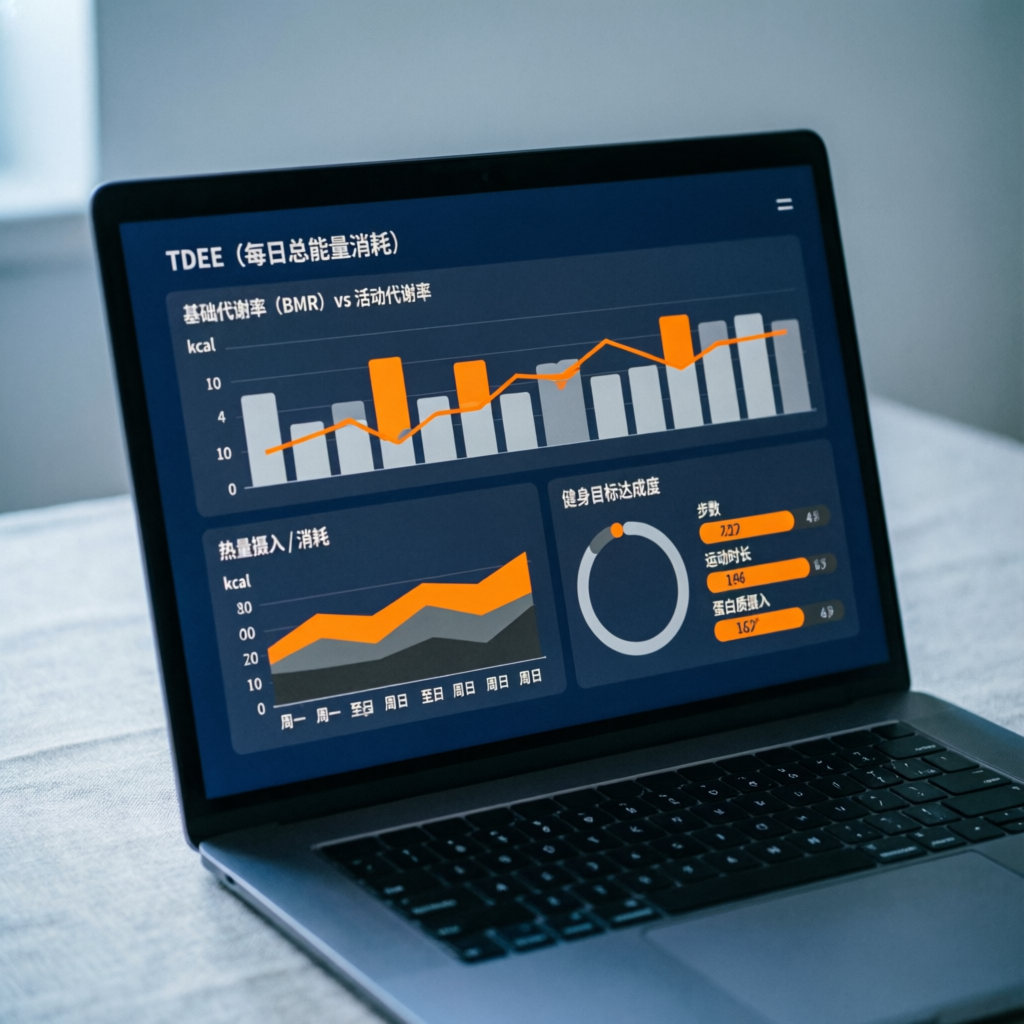Modern TDEE calculator dashboard displaying metabolic rate charts, calorie tracking graphs, and fitness analytics on a laptop screen