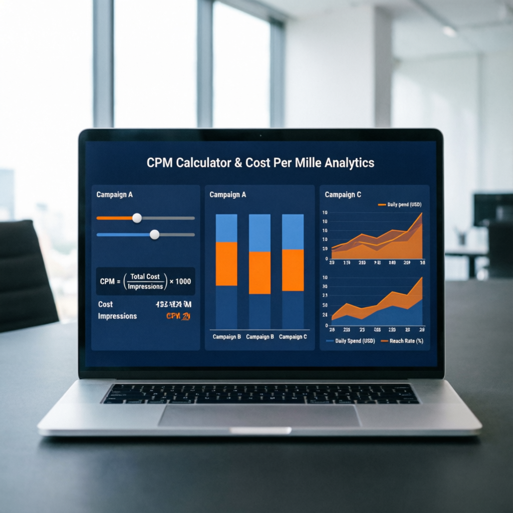 Modern digital marketing dashboard displaying a CPM calculator, cost per mille analytics, bar charts, and financial graphs on a sleek laptop screen