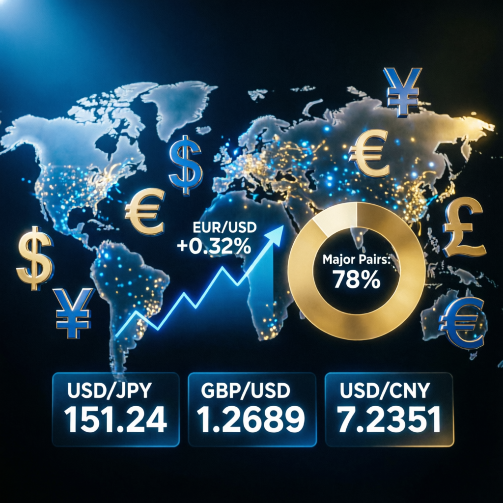 Global forex market analysis showing major currency pairs and trading data visualization