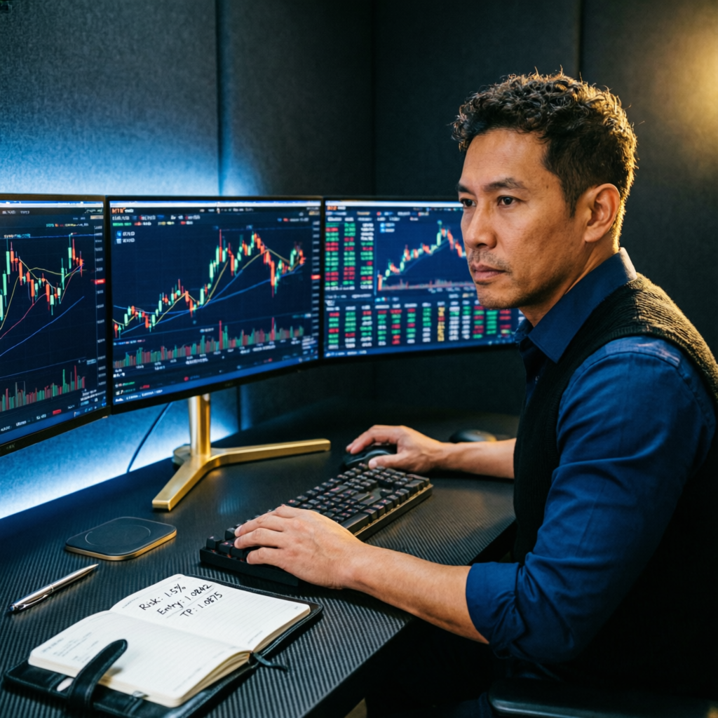 Professional forex trader analyzing financial charts on multiple monitors