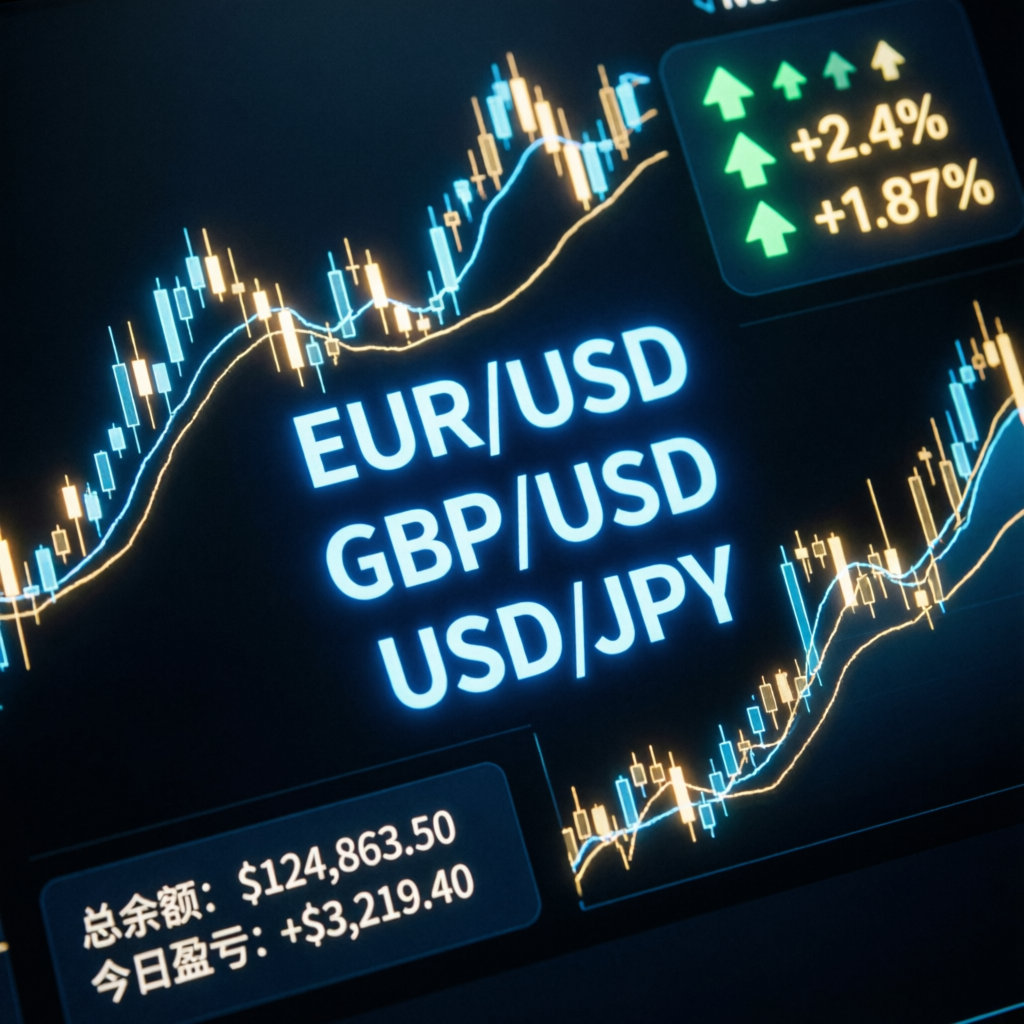 Professional trading dashboard showing EUR/USD, GBP/USD, and USD/JPY currency pairs with profit indicators
