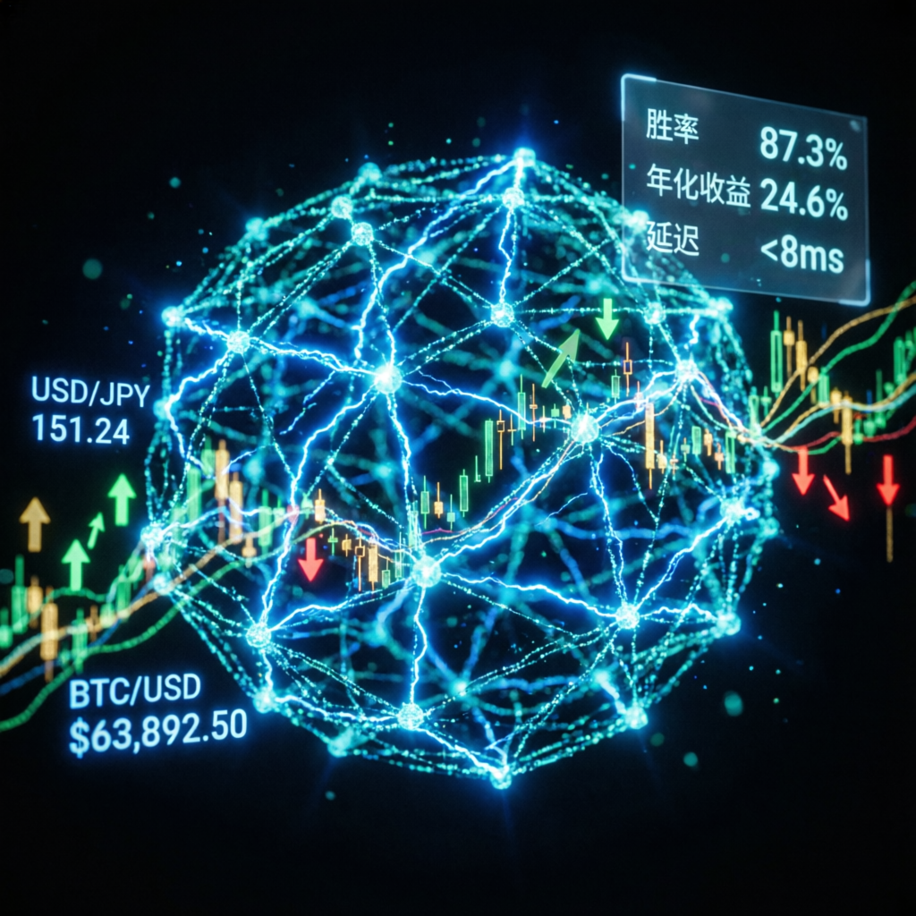 AI powered trading algorithms and neural network visualization with financial data