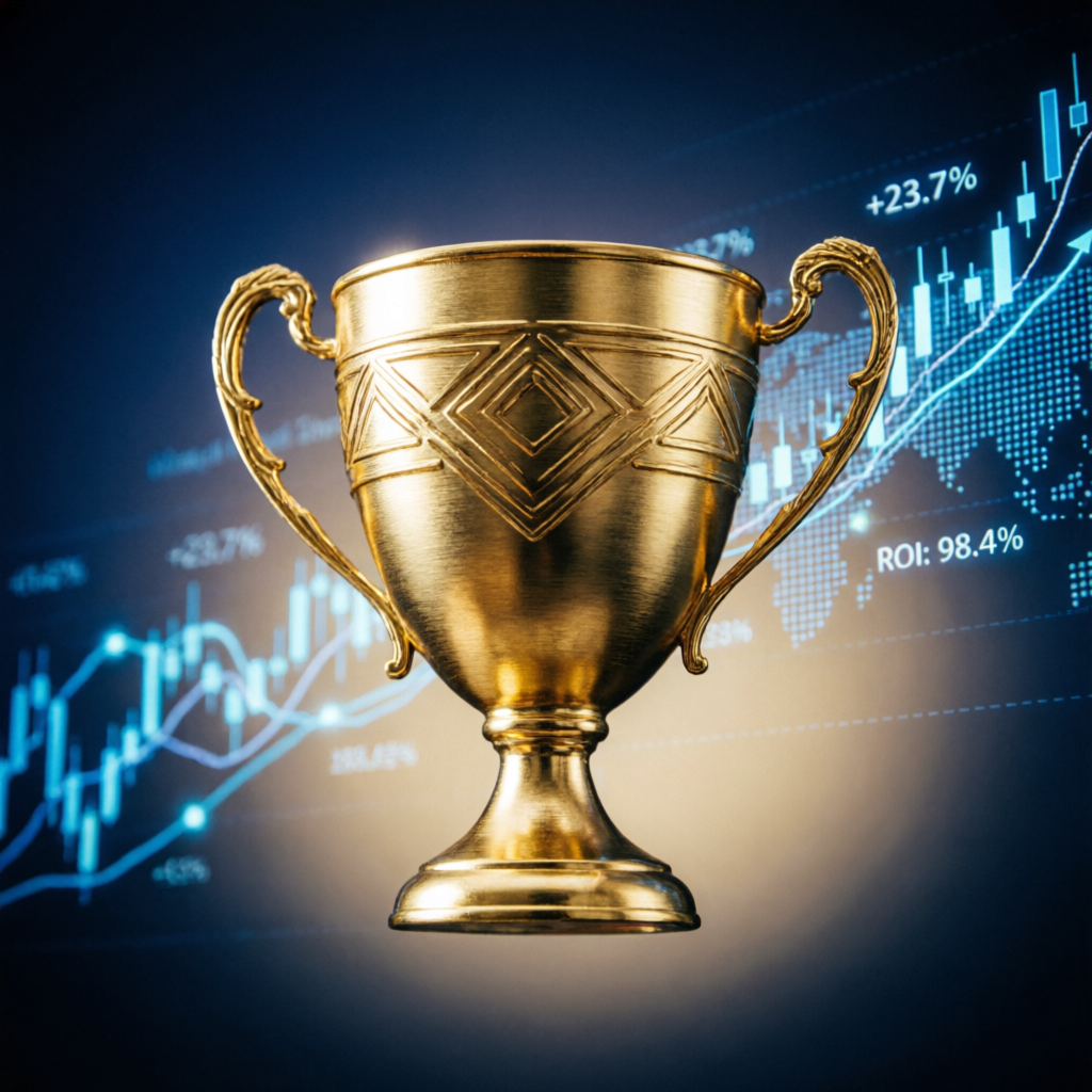 Golden trophy representing prop firm challenge success and funded account achievement