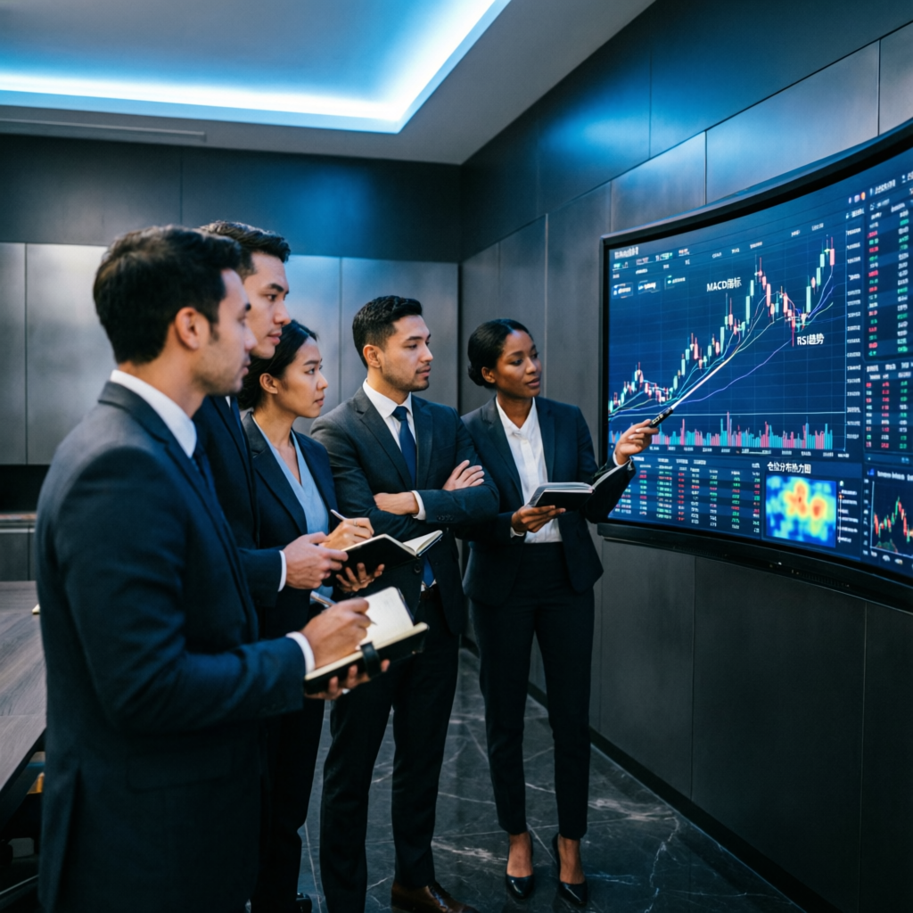 Professional team of financial analysts reviewing trading strategies on large screens
