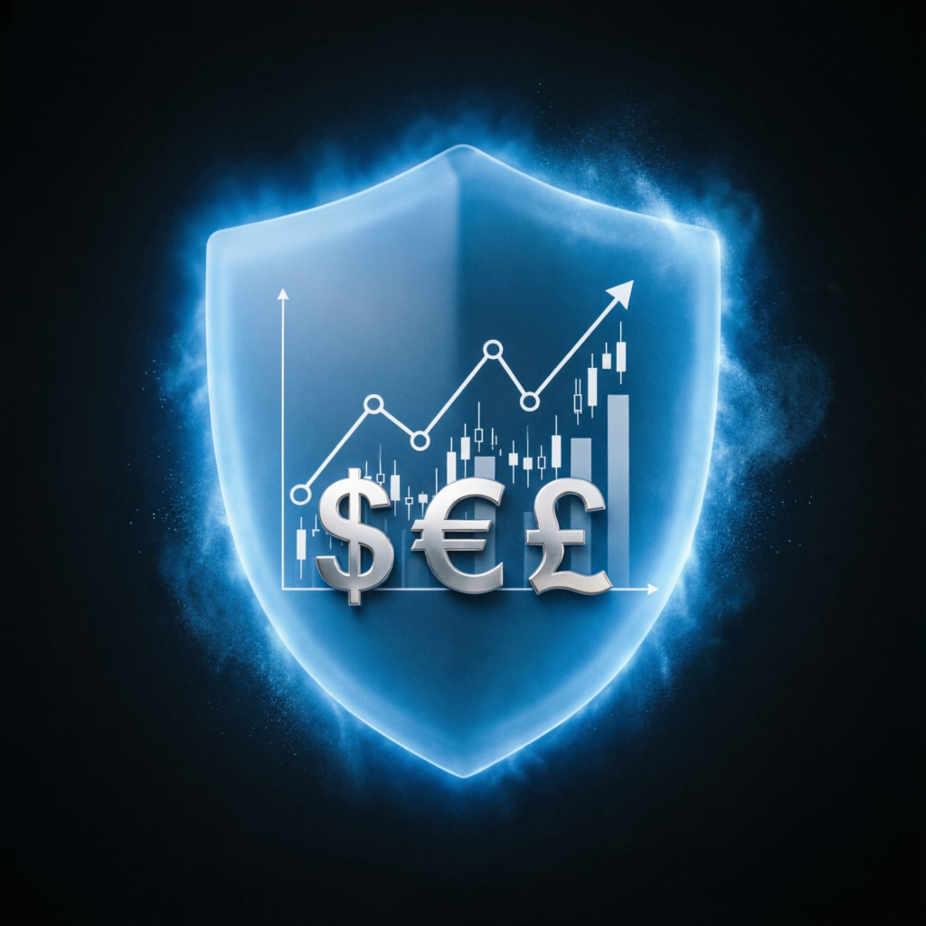 Shield protecting financial charts and currency symbols representing secure trading and risk management