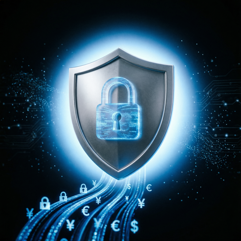 Digital security shield with lock protecting financial data and currency symbols