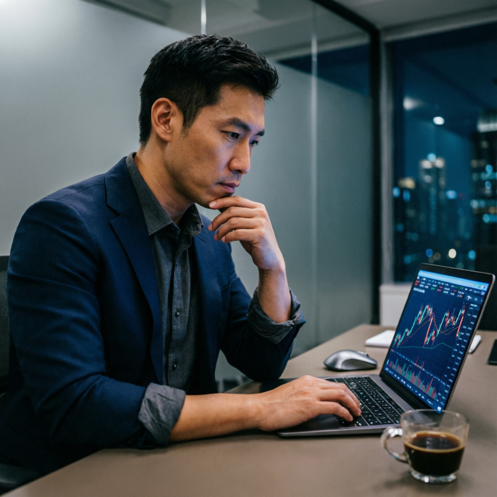 Professional trader analyzing Apex Trader Funding evaluation charts on laptop