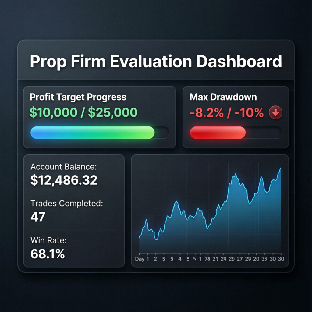 Apex Trader Funding evaluation dashboard showing profit target progress and drawdown metrics