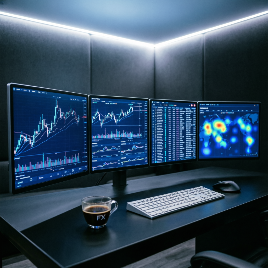 Professional forex trading desk with multiple monitors showing trading charts and market data