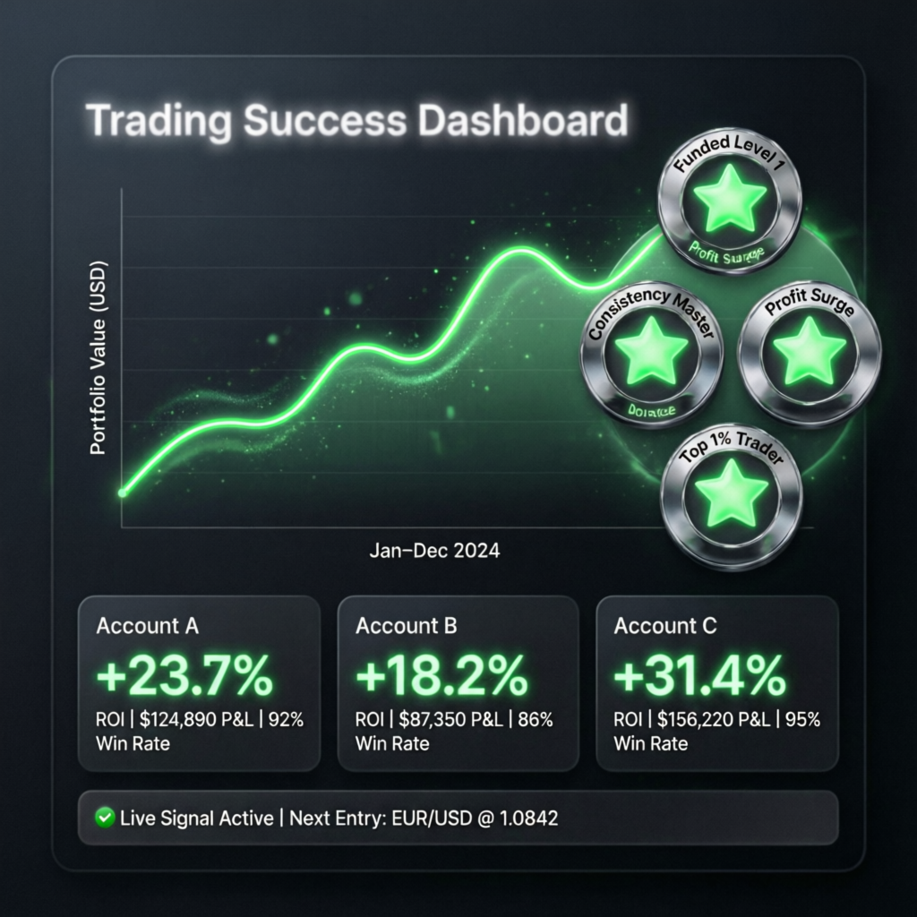 Trading success dashboard showing portfolio growth and account performance metrics