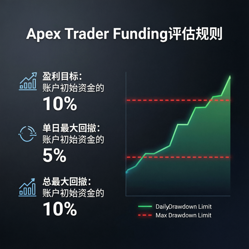 Apex Trader Funding evaluation rules infographic showing profit targets and drawdown limits