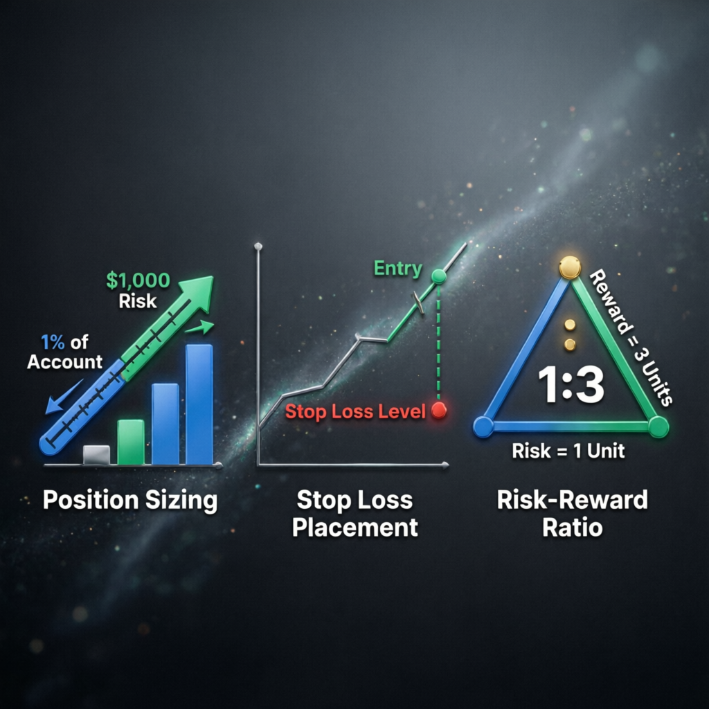 Forex risk management illustration showing position sizing, stop loss placement, and risk-reward ratio