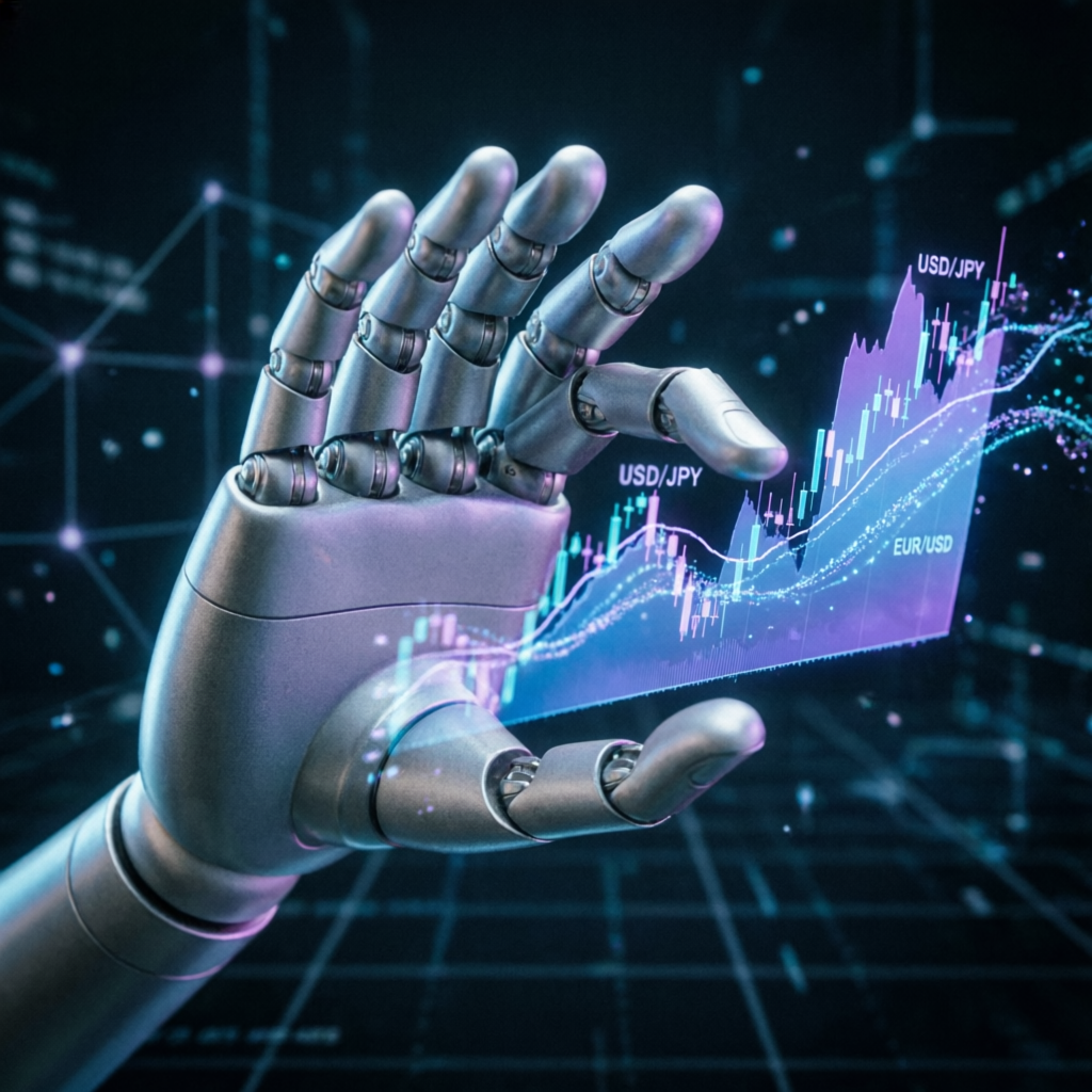 AI Robot Hand Managing Forex Trading Charts