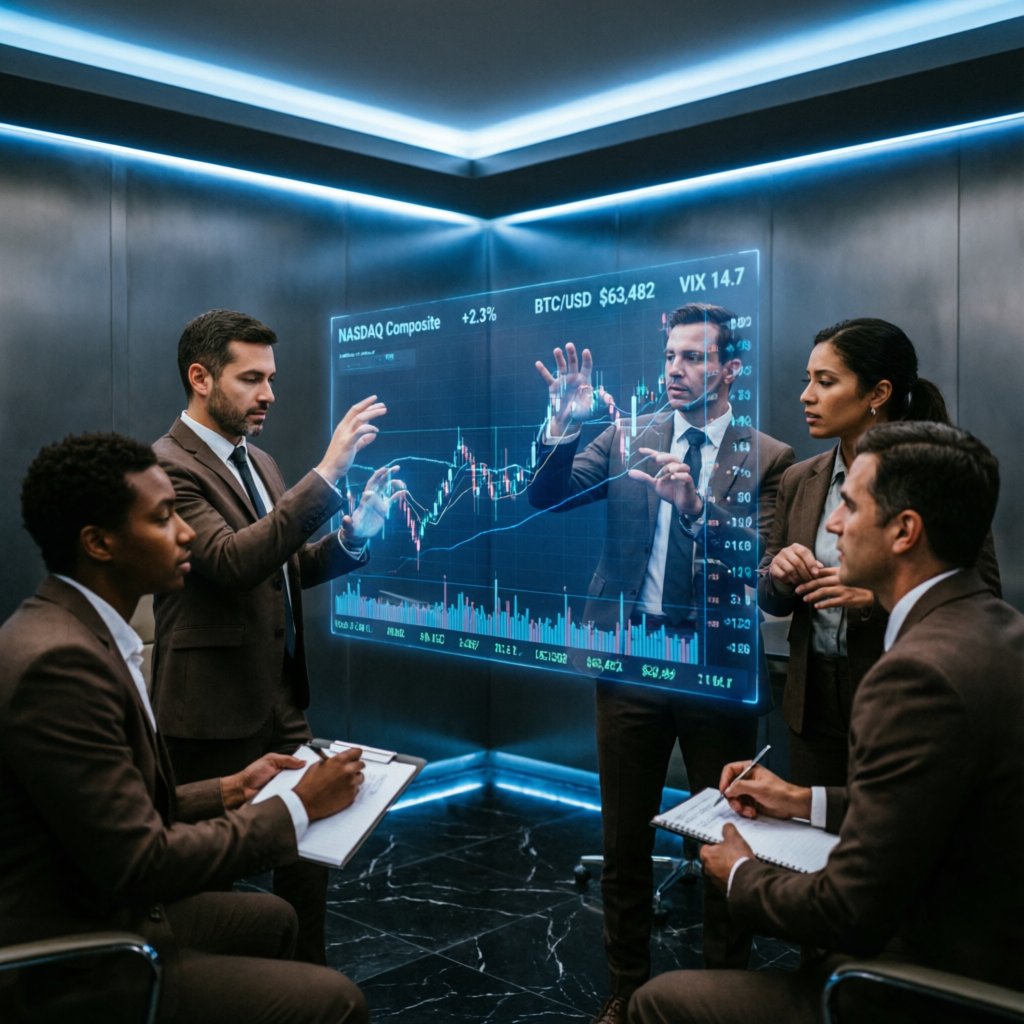Professional trading team collaborating around holographic market data